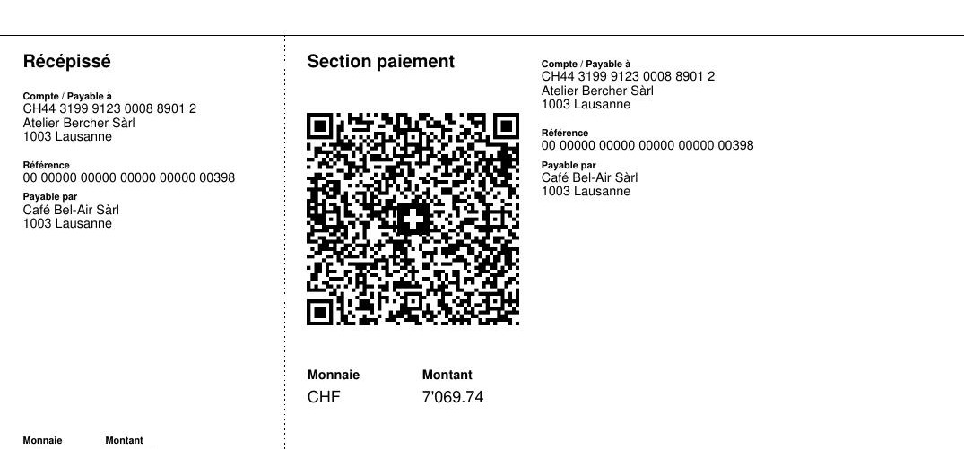 The Swiss QR-bill at the foot of the invoice: receipt, payment section, QR code with the Swiss cross, reference, payable by, currency and amount.